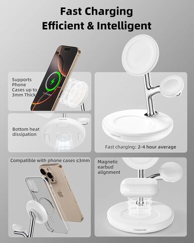 3 in 1 Magnetic Wireless Charger Stand for Apple Devices, TRIBONE Fast Charging Station for iPhone 16/15/14/13/12 Series, Apple Watch, Airpods (White) in Saudi Arabia