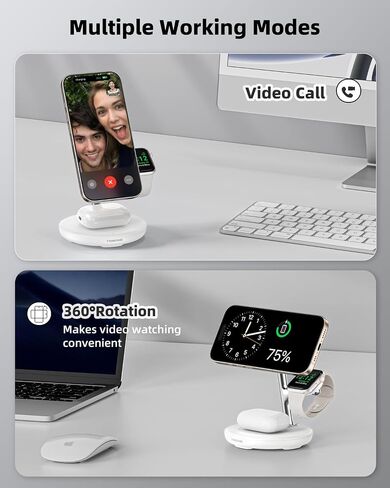 3 in 1 Magnetic Wireless Charger Stand for Apple Devices, TRIBONE Fast Charging Station for iPhone 16/15/14/13/12 Series, Apple Watch, Airpods (White) in Saudi Arabia