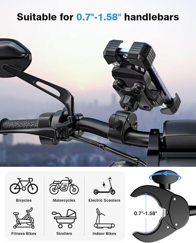 Bike Phone Holder, [No Block Camera] Motorcycle Phone Mount, [Quick Release] Silicone Wrapped & 360° Rotate Handlebar Clamp for Electric Scooter, Compatible with 4"- 7" iPhone & Android Phones in Saudi Arabia