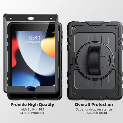 حالة شاشة IPAD 9th/8/7th الجيل المبني على الجيل ، مع حامل قلم رصاص وحزام يدوي دوار 360 درجة ، حزام الكتف ، لحالة iPad 10.2 بوصة 2021-2019 (أسود) in Kuwait