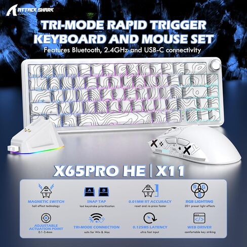ATTACK SHARK Hall Effect Keyboard & Mouse,X65 PRO HE 60% Rapid Trigger Magnetic Keyboard RGB Hot Swap 8KHz Polling Rate,X11 Wireless Mice with Charging Dock 22K DPI,Bluetooth/2.4Ghz/Wired,Coiled Cable in Saudi Arabia