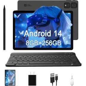 11 Inch Tablet with Keyboard and Stylus, Android 14 Tablet w/ 256GB ROM 8GB RAM, Octa-core, 1920P FHD IPS in-Cell Display Widevine L1, 13MP Rear+8MP Front+2MP Macro Lens, 5G WiFi/GPS/BT/OTG/GMS/G-AI