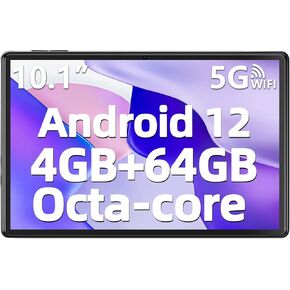 Tablet Android 12 Tablets 10.1 Inch, 4GB RAM 64GB ROM Tablet with Octa-core Processor(up to 2.0 GHz), 1280x800 IPS, 2MP + 5MP Camera, Bluetooth 5.0, GPS, 6000mAh, TF Card 256GB Expansion, Black