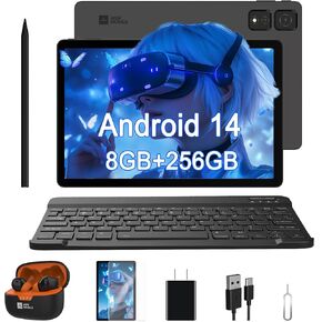 11 Inch Tablet with Keyboard & Stylus + Smart Earbuds, Android 14 Tablet w/ 256GB ROM 8GB RAM TF Expand, Octa-core, 1920P FHD IPS in-Cell Display Widevine L1 + Wireless Earbuds with Noise Cancellation
