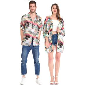 Matchable Couple Hawaiian Luau Shirt or Kimono in Sunset Neon