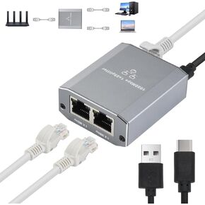 ELUTENG Ethernet Splitter 1 to 2, 1000Mbps High Speed Gigabit Network Switch with USB-C Power Cable, 2 Port LAN Internet Splitter for PC Laptop PS5 Xbox Router TV, 2 Devices Simultaneously Networking