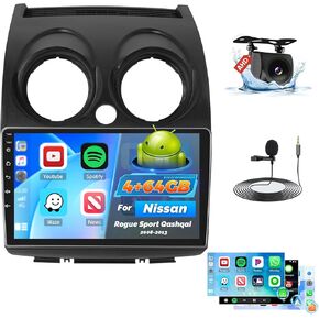 Car Stereo Radio for Nissan Rogue Sport Qashqai 2008 2009 2010 2011 2012 2013 with Wireless Carplay Android Auto, 4+64G 9 inch Thouch Screen Bluetooth Radio with GPS WiFi AHD Backup Camera 32EQ