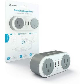 Atomi Rotating Mini Surge Protector - 3-Outlet Surge Protector, Wall Charger, Rotating Power Strip, Outlet Extender, Adapter, 2 USB Charging Ports - White