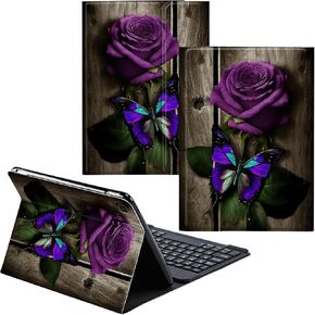 for Samsung Galaxy Tab A7 Lite Case Detachable Wireless Keyboard and PU Leather Stand Cover Protective Tablet Case for Samsung Galaxy Tab A7 Lite 8.7 inch 2021 - Purple Rose and Butterflies