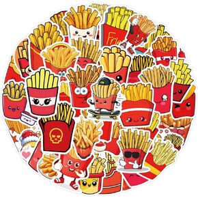 55 Packs French Fries Stickers Cartoon Kawaii Chips Deals Laptop Phone Guitar Skateboard French Fries Vinyl Sticker Waterproof Aesthetic Trendy Party Decals for Kids Teens Girls Adults