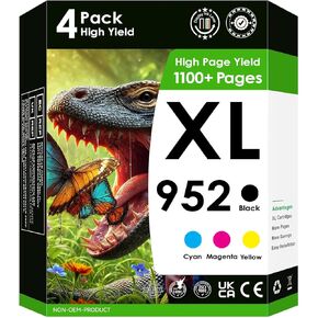 Ink Cartridges HP 952XL 4 Pack. Works with OfficeJet Pro 8710 8720 7720 7740 8715 8725 8730 8740 Printers. 952 XL (Black, Cyan, Magenta, Yellow)