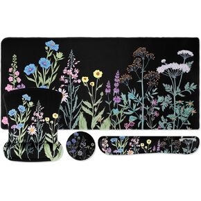 MOSISO Keyboard Mouse Pad Set, Large Gaming Mousepad&Keyboard Wrist Rest&Mouse Pad with Wrist Rest&Coaster, Vivid Flower Ergonomic Non-Slip Mousepad with Raised Memory Foam for Home Office, Black