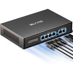 6 Port PoE+ Fast Switch, 4 PoE+ Ports with 2 Ethernet Uplink and Extend Function, 802.3af/at Compliant + 2 High Power PoE Port| Desktop Fanless Design | Plug & Play | Black Metal Housing