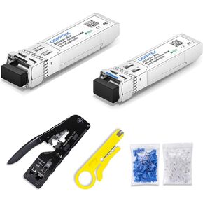 1 Pair 10G SFP+ Bidi Transceivers, and Network RJ45 Crimp Tool Set 10gbe SFP LC Single-Mode Module, 50pcs CAT6 Modular Connectors, 50pcs RJ-45 Cat6 Protection Covers, 1pc mini Wire Stripper, 2pcs Wire