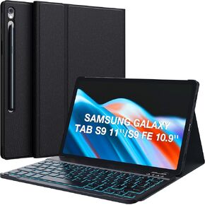 CHESONA Keyboard Case for Samsung Galaxy Tab S9 FE 10.9‘’/S9 11", Magnetic Detachable Bluetooth Keyboard with 7-Color Backlit, Multi-Angle Protective Case with S Pen Holder, Slim Case for S9 FE, Black