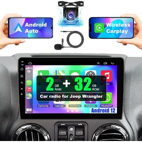 Android 12 Car Radio for Jeep Wrangler JK Compass Grand Cherokee Dodge Ram Chrylser,10 Inch Touchscreen Car Stereo Support Wireless Carplay/Android Auto/GPS/Bluetooth/Back-up Camera/SWC/FM, 2G+32G
