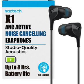 Naztech X1 ANC Earbuds Active Noise Cancelling Earbuds Wired, Travel Case & Airline Adapter, Compatible For iPhone 14/13/12/11 /Pro /Pro Max, Galaxy S23/S22/S21, Ear Buds for Airplane Travel Black