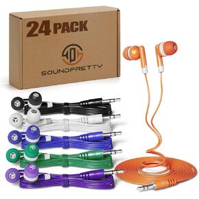 Bulk Earbud Headphones 24 Pack Mixed Colors School K-12 Wired Earphones Ear Buds Muti Packs for Classroom/Student/Tablets/Laptop