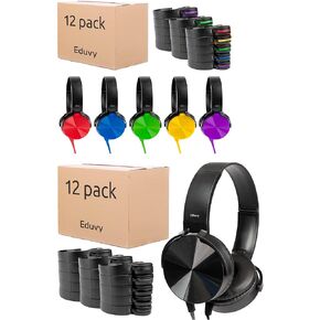 24 Pack Bundle, Bulk Headphones for Classroom, Pack of 12 Wired Mixed Color Headphones and Pack of 12 Black Color School Headphones for Elementary to College Students (48 Headphones Bundle)