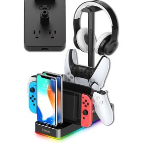 محطة شاحن وحدة تحكم PS5 ، PlayStation Portal Player Remote Charging Dock مع 2 AC Power Outlet ، RGB Light ، حامل سماعات الرأس ، و 6 منافذ USB-C ، وملحقات الألعاب ، الأسود