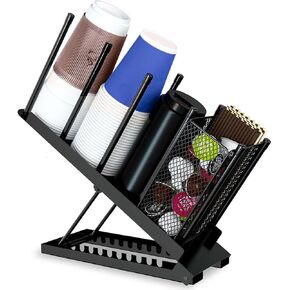 Cup and Lid Holder, Adjustable Coffee Cup Holder Organizer , 4 Compartment Disposable Cup Dispenser with Mesh Baske for Coffee Bar Accessories, Disposable Paper Cups, Plastic Cups, Lids