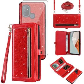 Asuwish Phone Case for OnePlus Nord N100 Zipper Wallet Cell Cover with Tempered Glass Screen Protector Strap Bling Glitter Flip Card Holder One Plus N 100 4G 1 Plus 1plus One+ 1+ 100N Women Girls Red