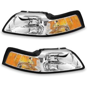 Compatible with 1999 2000 2001 2002 2003 2004 Ford Mustang Headlights Black Housing Amber Reflector Driver and Passenger Side