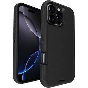 for iPhone 16-Pro-Max Case, 3-Layer 16ft Drop Protection, with Dustproof Port Cover, Full-Body Shockproof Heavy Duty Protective Phone Case for iPhone 16 Pro Max, Black