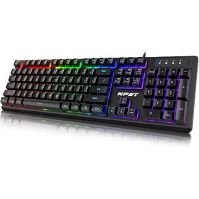 NPET K10V3PRO Gaming Keyboard, RGB Backlit Keys, Spill-Resistant, Customizable Keys, Dedicated Multi-Media Keys – Black
