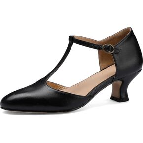 Women's Velvet Vintage T Strap Mary Jane Pumps Low Kitten Heels Closed Round Toe Dance Shoes
