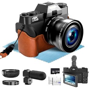 Digital Camera for Photography for Beginner and Kids, with 52mm Wide Angle & Macro Lens, with 180° Flip Screen,18X Digital Zoom, 2 Batteries, 32 GB TF Card