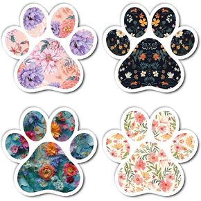 Pack 4PCS Floral Paw Print Stickers Vinyl Waterproof Decals Decor Car Laptop Water Bottle Phone Guitar Scrapbook Wall Window Bumper Gifts Birthday Christmas for Adult Girl Women Men