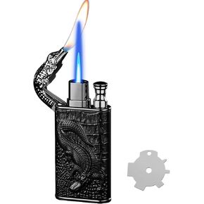 Relief Crocodile Magic Dual Flame Lighter with Adjusting Flame Tool, Windproof, Refillable Butane Lighter Gifts for Outdoor Indoor (Black)