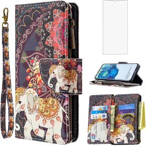 Asuwish Compatible with Samsung Galaxy Note 20 5G Wallet Case and Tempered Glass Screen Protector Zipper Flip Credit Card Holder Stand Cell Phone Cover for Note20 Notes 20s Twenty Not S20 - Elephant