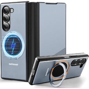 Case for Samsung Galaxy Z Fold 5,with MagSafe 360° Rotatable Magnetic Kickstand,Leather+Aluminum Metal Full Body Flip Phone Cover,Military Shockproof Grade Drop Proof for Galaxy Z Fold 5,Gray