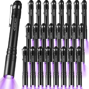 24 Pack UV Blacklight Flashlights Bulk, 395nm UV Pen Light with Clip, LED Handheld Blacklight Detector for Leak Pet Urine Hotel Inspection Dry Stain Neon Party Favors(Black)