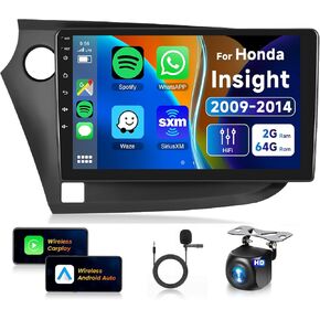 Car Radio for Honda Insight Radio 2009-2014 [2+64G] with Wireless Carplay/Android Auto,Android Car Stereo 9 Inch Touch Screen GPS Navigation WiFi Bluetooth FM/RDS Mirror Link SWC+ Backup Camera&Mic