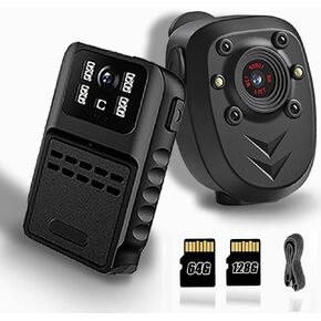 128GB and 64GB Mini Body Camera Build-in Memory Card with Night Vision IR & Loop Record HD 1080P, 4-6 HR Battery Life Wearable Police Cam for Home, Outdoor, Law Enforcement