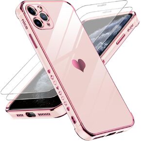 LeYi for iPhone 11 Pro Max Case: with Tempered Glass Screen Protector [2 Pcs]+ Full Camera Lens Protection,Love Heart Plating Girly Women Luxury Soft TPU Shockproof Case for 11 Pro Max,Pink