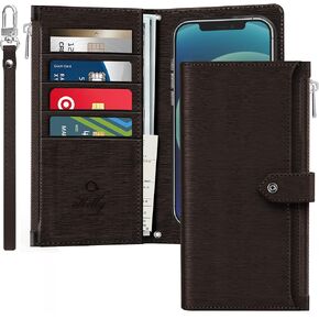 JUST4YOU Zipper Wallet Case for Apple iPhone 12 Mini with Wrist Strap Premium PU Leather Folding Stand Card Holder Flip Case (Black) CS_FC_ZC_I12M_BK