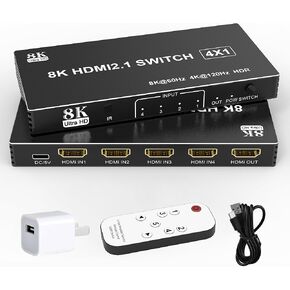 HDMI Switch 4 in 1 Out 8K 60Hz 4K 120Hz - 8K HDMI Splitter HDMI 2.1 Switcher Switcher Box مع وحدة تحكم ، EARC ، HDCP2.3 ، EDID ، HDR10+، VRR ، للتلفزيون PS5/ 4/3 Xbox PC LAPTOP.