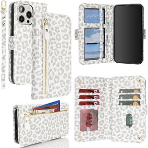 for iPhone 15 Pro Max Case Wallet with Card Holder,for iPhone 15 Pro Max Wallet Case Women Men with Stand,Leather Magnetic Zipper Pocket Wrist Strap Flip Phone Case-White Leopard