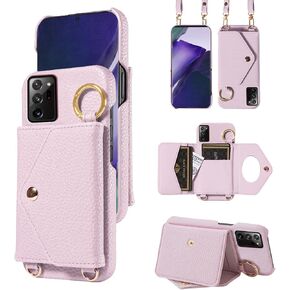 Wallet Case for Samsung Galaxy Note 20 Ultra 5G with Shoulder Strap, Ring Buckle Mirror Flip Purse, Card Holder Phone Cover for Note20 Plus Notes 20Ultra Note20+ U + 20+ Twenty Not S20 Pink