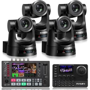 FoMaKo PTZ Camera HDMI AI Auto Tracking,20x Optical Zoom(4pcs), kC606 PTZ Controller, M4 Video Switcher, for Church Worship Education Conference Events, PTZ Bundle(FMK20SDI X4+M4+KC606)