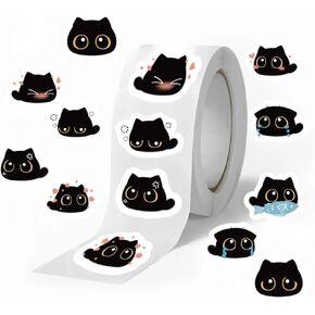 Black Cat Sticker Rolls - 500Pcs Funny Cartoon Cat Meme 10 Style Stickers Gifts Pack for Kids Teen Adults, Cute Label Decals Crafts for Laptop Guitar Skateboard Home Decor School Rewards