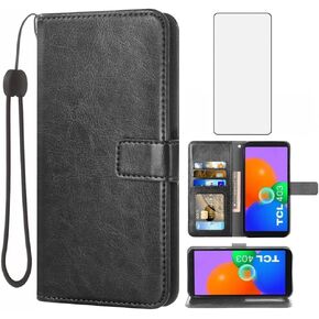 Asuwish Compatible with TCL 403 Wallet Case Tempered Glass Screen Protector Credit ID Slot Leather Flip Cover Card Holder Stand Cell Accessories Phone Cases for TCL403 Women Men Black