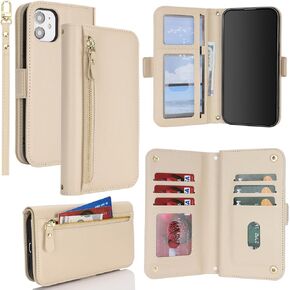 for iPhone 12 Wallet Case with Card Holder,for iPhone 12 Pro Case Wallet for Women Men with Stand,PU Leather Magnetic Zipper Pocket Wrist Strap Flip Phone Case-Rose Gold