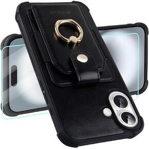 MONASAY Wallet Case Compatible for iPhone 16 Pro 5G 6.3 inch with 360° Rotation Ring Stand[Glass Screen Protector][RFID Blocking] Leather Phone Cover with Card Holder for Women and Men, Purple