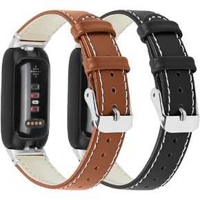 2 Pack Genuine Leather Band Compatible with Fitbit Inspire 3 Smartwatch, Watch Strap for Fitbit Inspire3 Replacement Wristband for Men Women Bracelet Loop