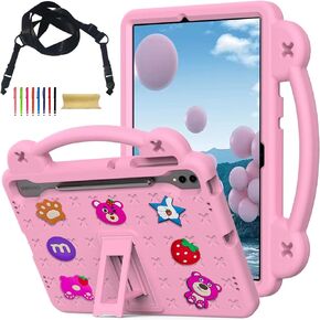 Kids Case for Samsung Galaxy Tab S10+ Plus/ S9 FE+ Plus/Tab S9+ Plus/ S8+ Plus/S7+ Plus/ S7 FE 12.4", DIY Cute Figures Kids Friendly Case with Shoulder Strap Shockproof Cover, Pink